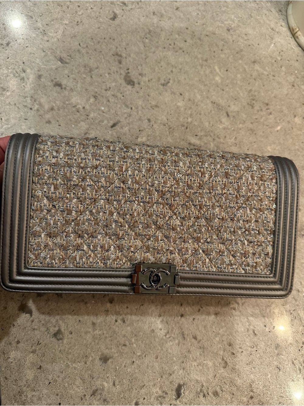 Preowned CHANEL Tweed Boy Clutch in Gray and Beige